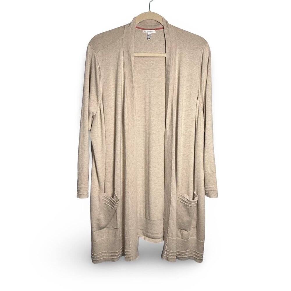 Isaac Mizrahi Live Cardigan‎ Sweater Womens 5X Beige Open Front Pockets Longline